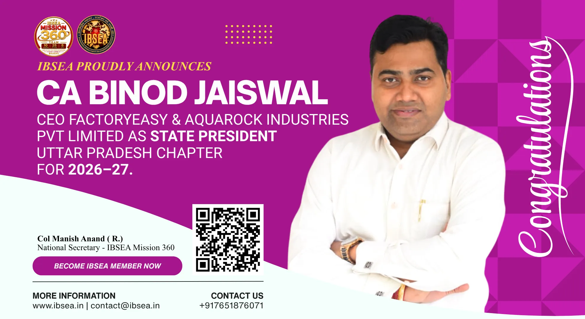 IBSEA Welcomes CA Binod Jaiswal as State President – Uttar Pradesh | 2026–27